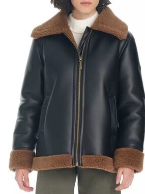 Koolaburra by Ugg Black Faux Leather Pea Coat with Brown Sherpa Trim